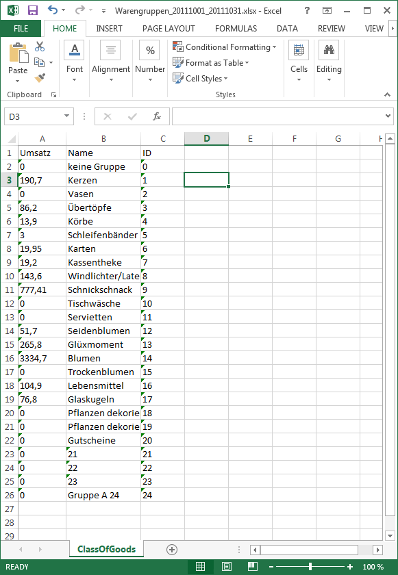 Anzeige in Excel